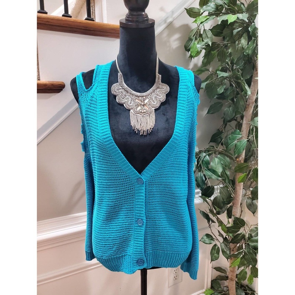 Love By Design Women Blue Acrylic Long Sleeve Buttons Front Knit Cardigan Size L